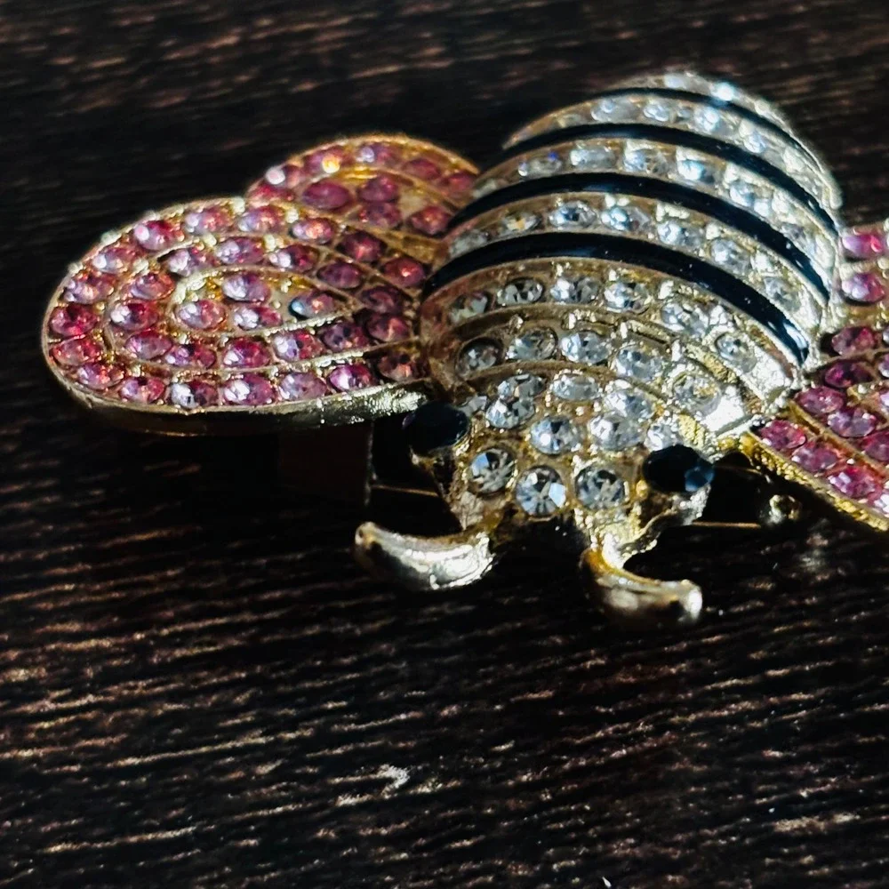 Gold Tone Pink Rhinestone Bumblebee Brooch Crystal Insect Black Enamel Stripe